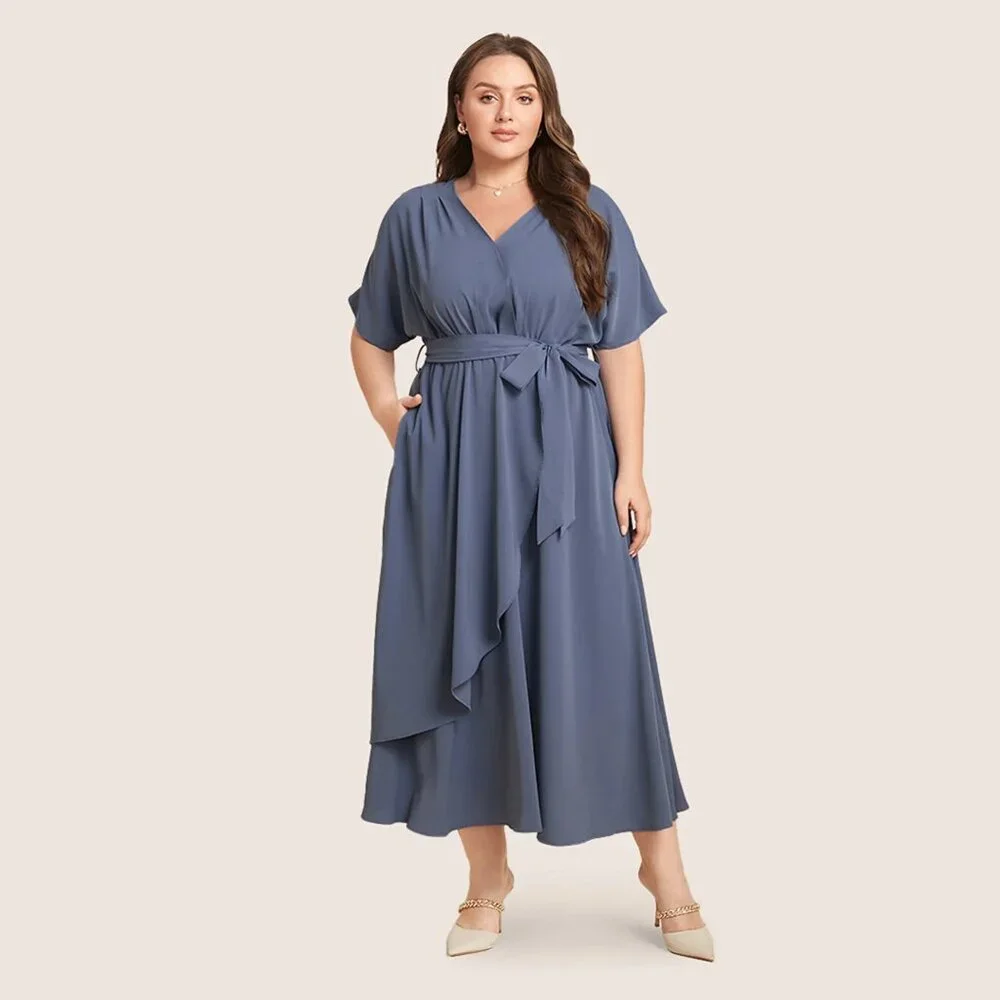 NWT BloomChic StonePlain Dolman Sleeve Pocket Belted Surplice Neck Flutter Dress - Picture 2 of 8